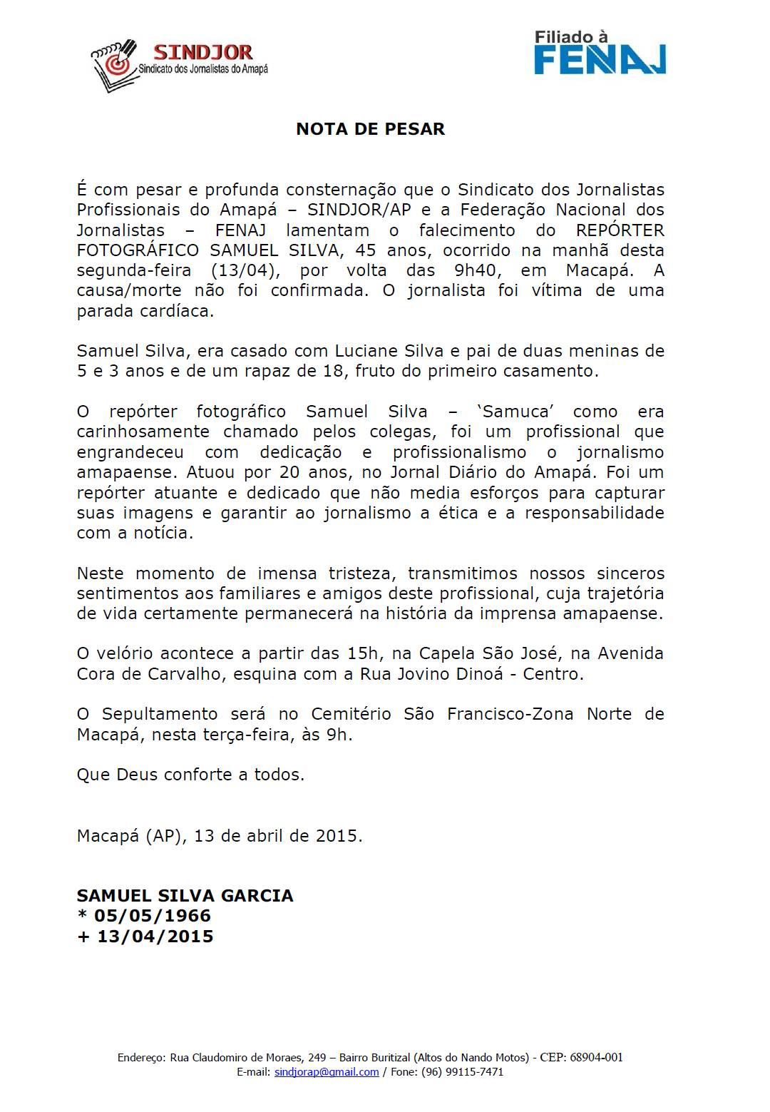 Nota de Pesar do Sindjor/Ap- Samuel Silva