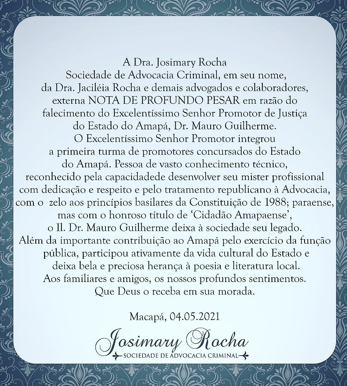 Nota do escritório Josimary Rocha – Sociedade de Advocacia Criminal