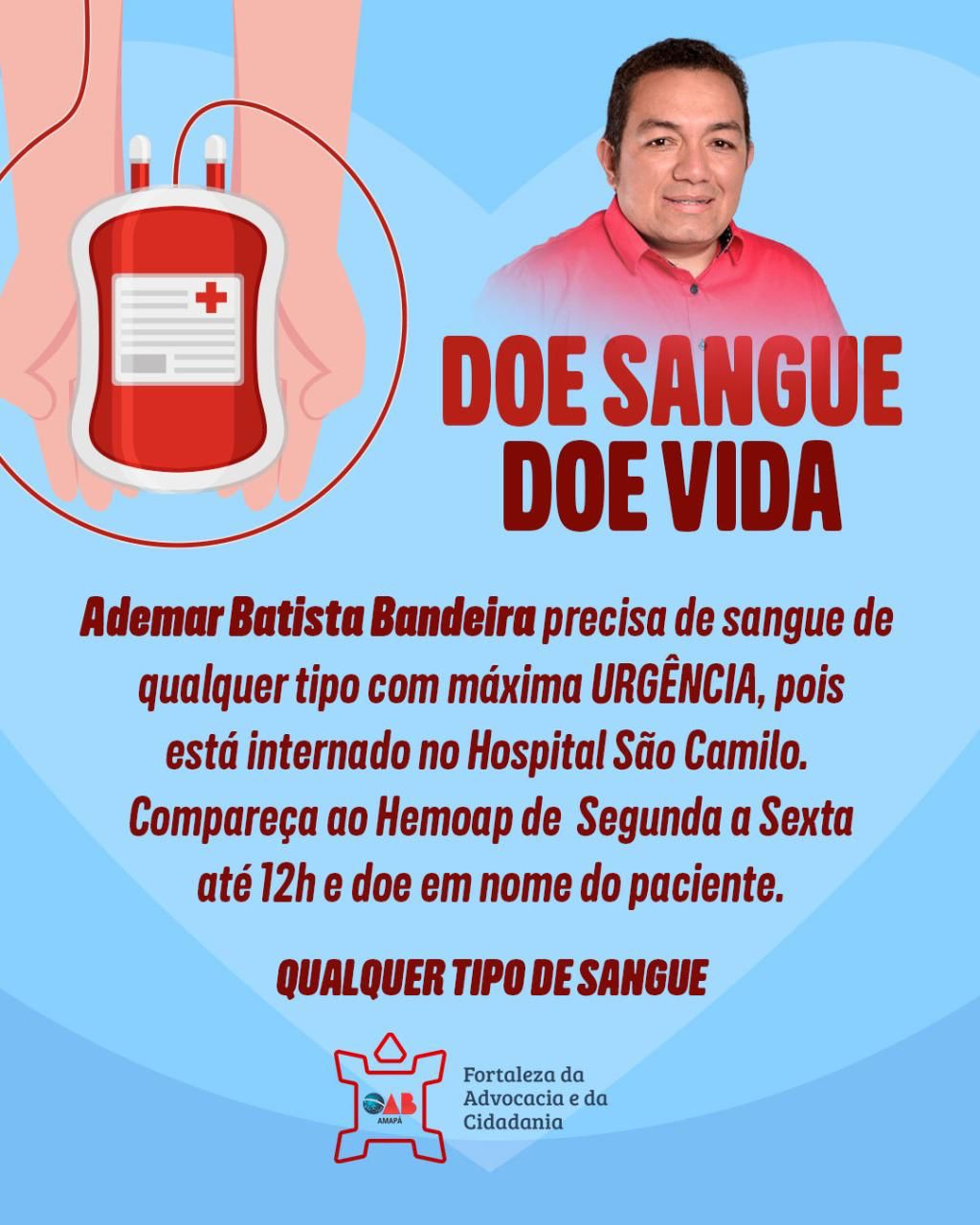 Ademar Bandeira precisa de sangue. Ajudem!