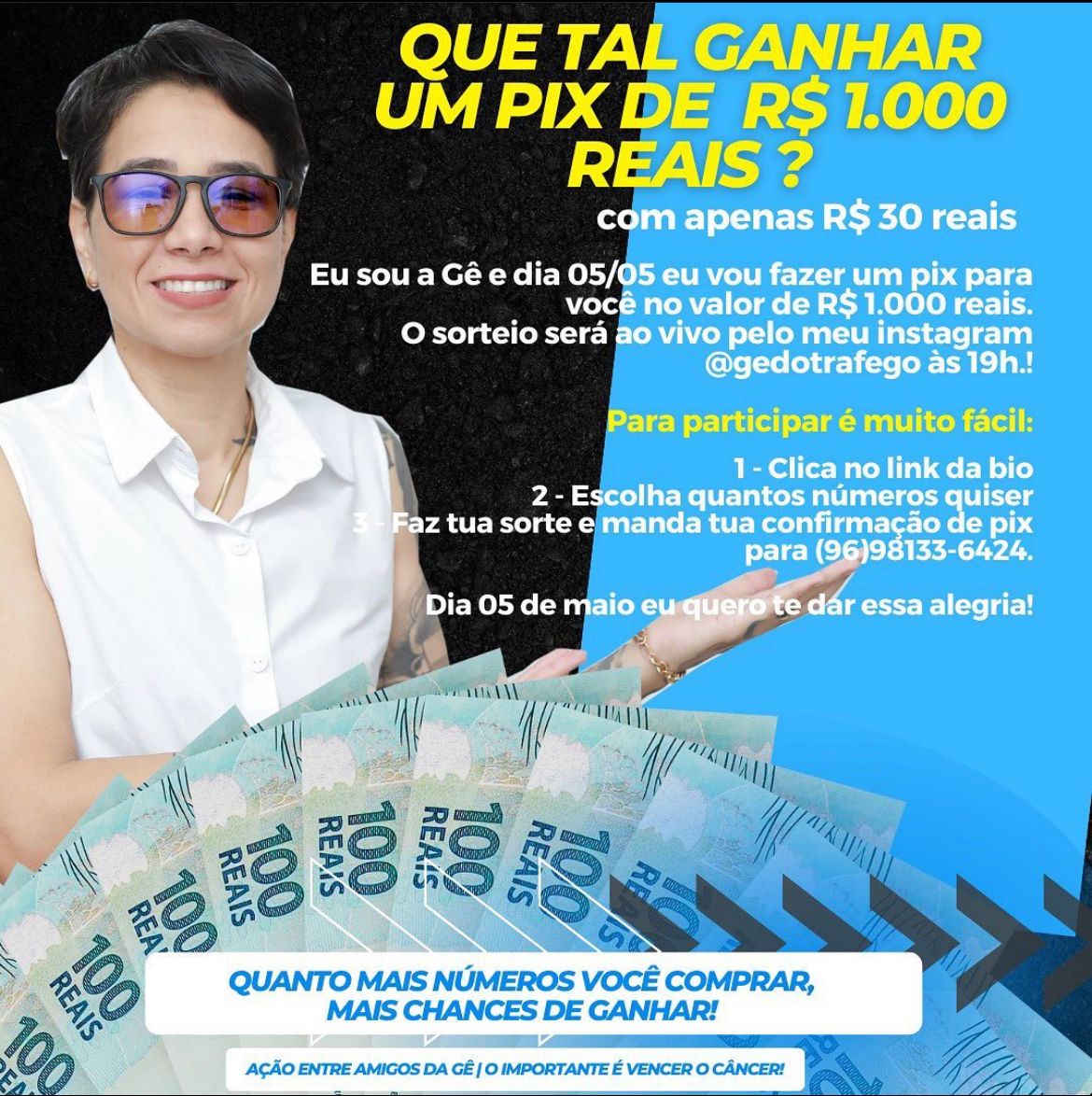 Pix premiado no valor de mil reais: Rifa Digital em prol da saúde da Gê Paula