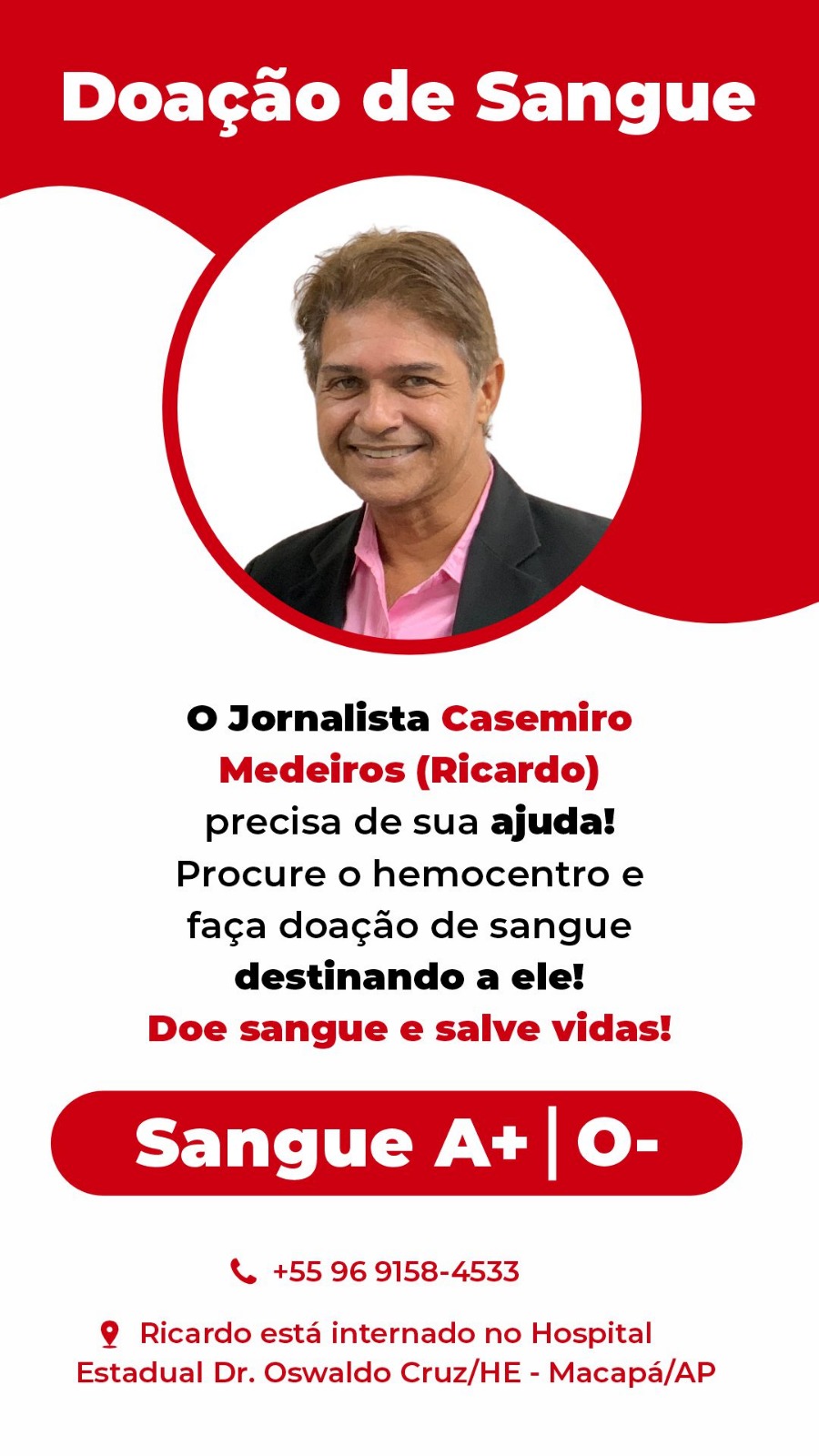 Jornalista Ricardo Medeiros precisa de sangue. Ajudem!